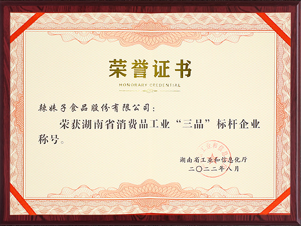 湖南省消費品工業(yè)“三品”標桿企業(yè)2022年